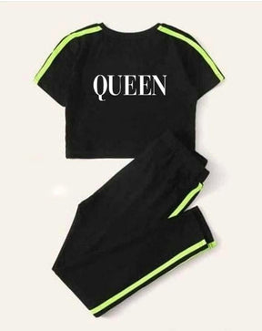 Queen Printed Black With Green Stripe Panel Tracksuit for Women