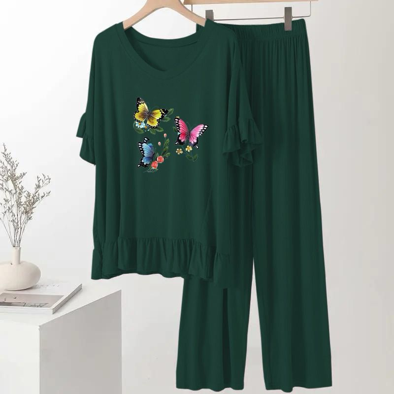 Green Multi Butterfly Frill Style Printed Lounge Wear For Women PJ Set