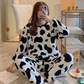 White Cow Print Fleece Casual Wear Set