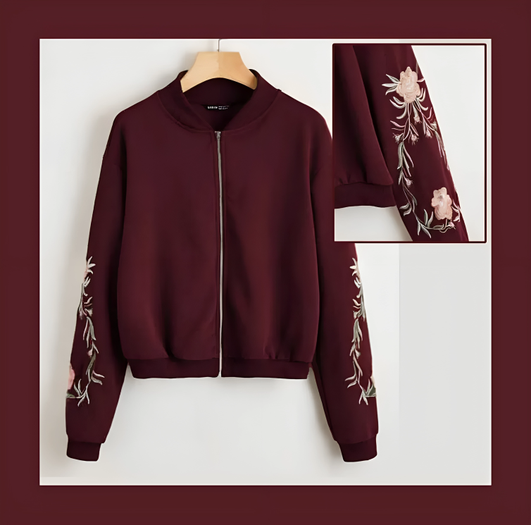 Embroidered Floral Detail Zip Up Bomber Jacket For Women