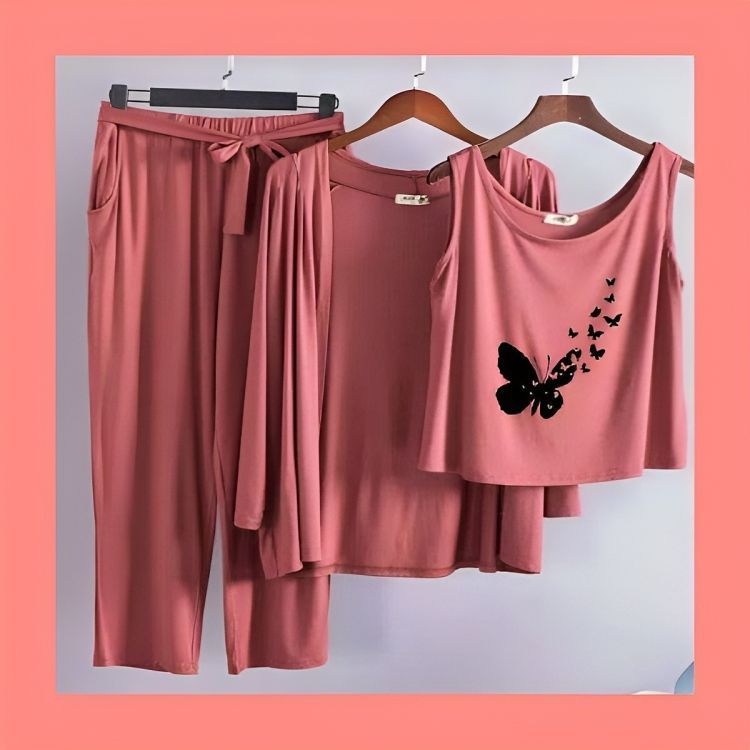 Hot Pink Flying Butterfly Printed Women 3pcs Lounge Wear Set