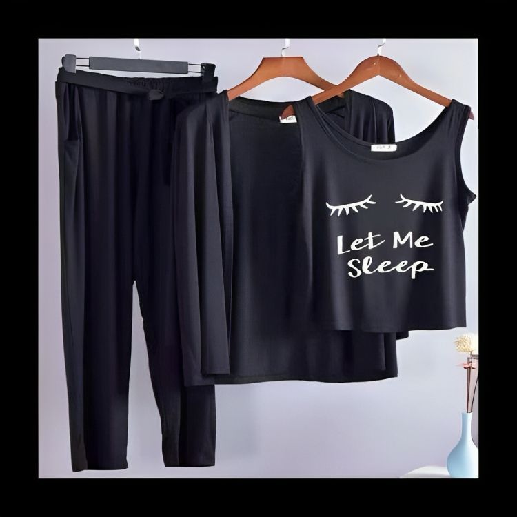 Black Let me Sleep Printed Women 3pcs Night Suit set