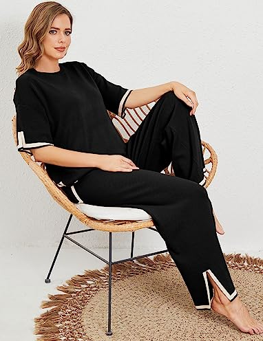 Black Slit Short Sleeve with Palazzo For Women PJ Set