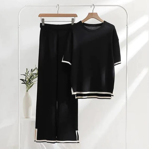 Black Slit Short Sleeve with Palazzo For Women PJ Set