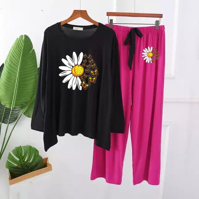 Black and Magenta Daisy Flower Printed Loungewear